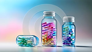 Medical capsule bottles isolated on transparent background and set of scattered capsules on white background.