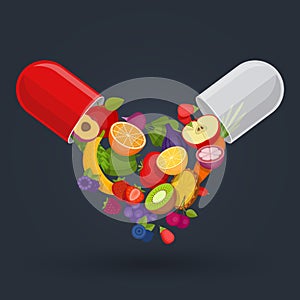 Medical capsule with fruit and vegetables. Vitamins and supplements. Different fruit in capsule. Flat style, vector illustration.