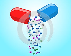 Medical capsule pill open with falling out colorful molecules. Medicine drug vitamin improve health concept. Red and