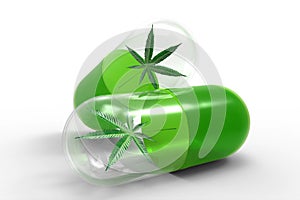 Medical capsules with cannabis leaf, alternative medicine concept