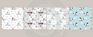 Medical car seamless pattern set. Hand drawn ambulance automobile, city emergency transport, childish cartoon collection. Decor