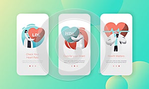Medical Cardiology Health Care Worker Mobile App Page Onboard Screen Set. Professional Treatment. Check Heart Rate