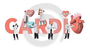 Medical Cardiology Worker Care Heart Health Typography Banner. Team Character for Poster Background. Pill for Treatment