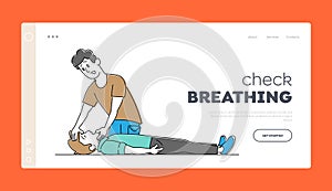 Medical Cardiopulmonary Resuscitation Landing Page Template. First Aid to Victim Lying on Floor. Man Lift Patient Chin