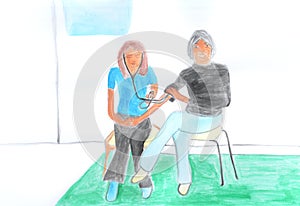 Medical care, blood pressure measurement, medicine, tonometer. Watercolor illustration, hand drawn modern new