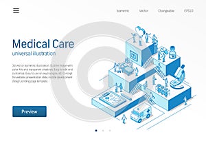 Medical Care. Doctor and nurse teamwork. Healthcare, patient treatment isometric line illustration. Hospital, clinic