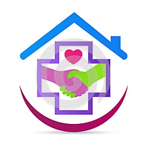 Medical care friendly health hospital love handshake logo vector design