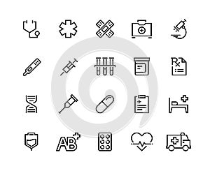 Medical care line icons. Family healthcare, patient treatment, medical insurance, cardiology surgery. Clinic equipment