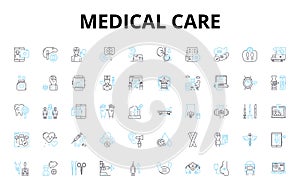 Medical care linear icons set. Diagnosis, Treatment, Prescription, Therapy, Check-up, Surgery, Medical vector symbols