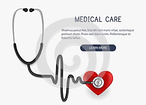 Medical care. Realistic stethoscope icon and heart. Vector illustration.