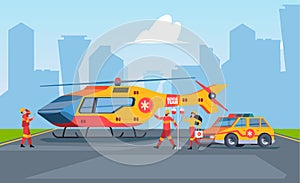 Medical care transport. Urban accident hospital fast rescue service lifeguard urgent disaster garish vector flat