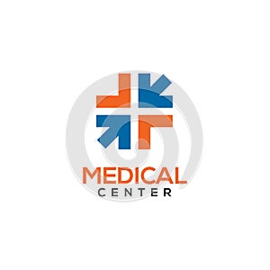 Medical center logo design with using combination of cross and arrow icon template