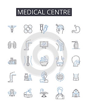 Medical centre line icons collection. Hospital, Clinic, Health center, Health clinic, Medical facility, Healthcare