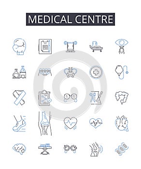 Medical centre line icons collection. Hospital, Clinic, Health center, Health clinic, Medical facility, Healthcare