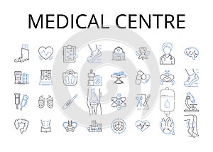 Medical centre line icons collection. Hospital, Clinic, Health center, Health clinic, Medical facility, Healthcare