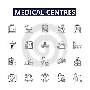 Medical centres line vector icons and signs. Hospitals, Practices, Nurses, Surgeries, Infirmaries, Doctors, Medicos photo