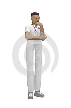 Medical character young african man doctor propping head thinking question, solution, problem. Cartoon person isolated on a white