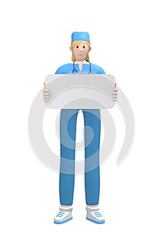 Medical character Young white female doctor holding a blank board for copy space. Cartoon person isolated on a white background.