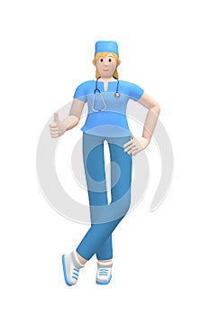 Medical character young white female doctor thumb up. Concept like, good, success. Cartoon person isolated on a white background.
