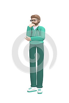 Medical character young white man doctor propping head thinking question, solution, problem. Cartoon person isolated on a white
