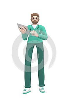 Medical character Young white man doctor in a suit holds a tablet, folder. Cartoon person isolated on a white background. 3D
