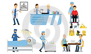 Medical Characters Doing Ophthalmological Tests, Surgeries And Other Daily Actions Of Hospital Routine Vector