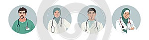 Medical Characters Portraits. Middle Eastern Medics. Arab doctors and nurses portraits, team of doctors concept. Muslim