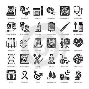 Medical check up, flat glyph icons. Health diagnostics equipment - mri, tomography, glucometer, stethoscope, blood