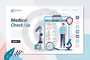 Medical check up, landing page template. Doctor examines analysis medical card of patient. Man underwent examination of internal photo