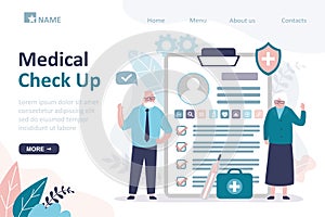 Medical check up, landing page template. Elderly couple underwent complete medical examination. Report with data on check up