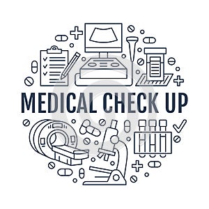 Medical check up poster template. Vector flat line icons, illustration of medical center, health care equipment, mri