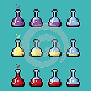 Medical chemical bottles with elixir in pixel style