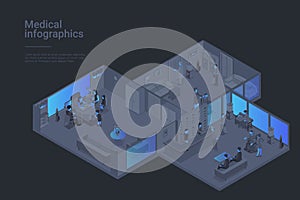 Medical Clinic center Isometric Flat black monochrome vector concept