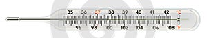 Medical, clinical mercury thermometer with Fahrenheit and Celsius scales, 3D rendering