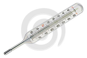 Medical, clinical mercury thermometer showing the temperature in Fahrenheit and Celsius scales, 3D rendering