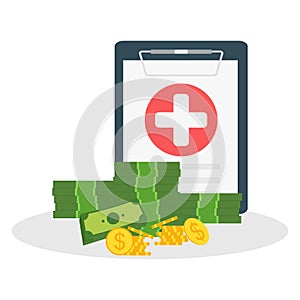 Medical clipboard document with money. Health insurance concept