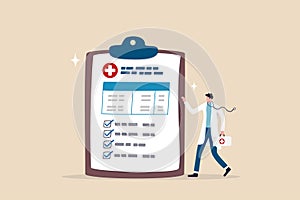 Medical clipboard, prescription or insurance document, health check or doctor diagnosis record, medicine or medicare checklist