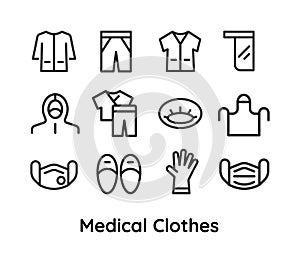 Medical clothes icons set for doctors, nurses. Vector thin line linear illustration. Editable outline for web, UI, stories