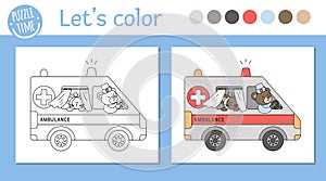 Medical coloring page for children. Vector outline ambulance with cute animals inside. Bear doctor driving emergency car with ill