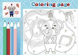 Medical coloring page for kids with cute elephant patient suffering from stomachache