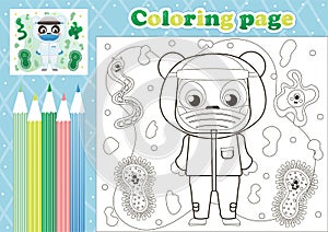 Medical coloring page for kids with cute panda doctor in protecting costume