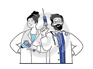 Medical concept with character situation. Doctor holds syringe and makes vaccinations to patients, nurse holds thermometer and