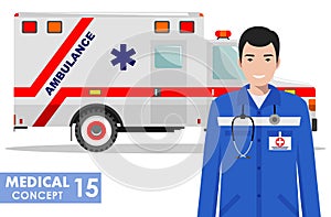Medical concept. Detailed illustration of emergency doctor man and ambulance car in flat style on white background