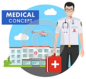 Medical concept. Detailed illustration of emergency doctor man in uniform on background with hospital and flying helicopter in fla
