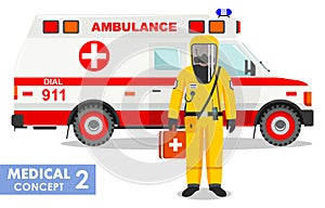 Medical concept. Detailed illustration of emergency doctor in yellow protective suit and mask near ambulance car in flat