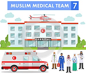 Medical concept. Detailed illustration of muslim arabian doctor, nurses, helicopter, ambulance car and hospital building in flat s