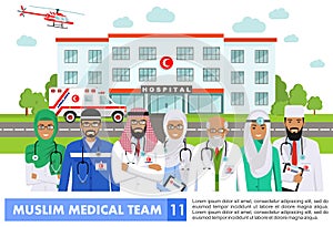 Medical concept. Detailed illustration of muslim arabian doctor, nurses, helicopter, ambulance cars and hospital