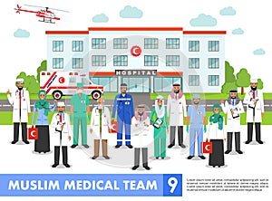 Medical concept. Detailed illustration of muslim arabian doctor, nurses, helicopter, ambulance cars and hospital building in flat