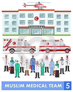 Medical concept. Detailed illustration of muslim arabian doctor, nurses, helicopter, ambulance cars and hospital building in flat