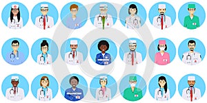 Medical concept. Different doctors, nurses characters avatars icons set in flat style isolated on blue background
